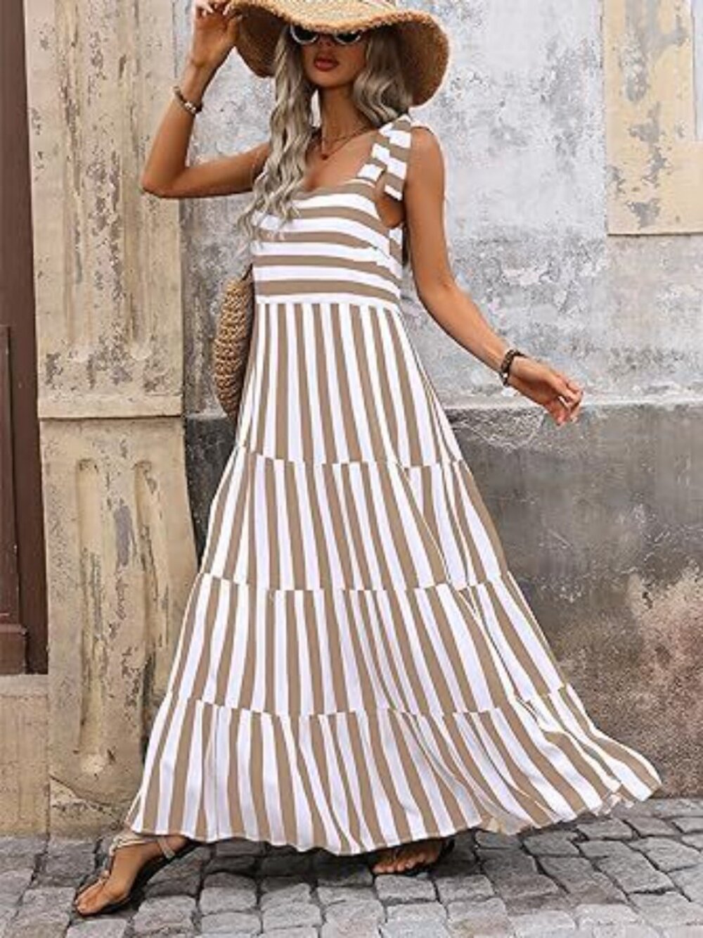 Women's Spaghetti Strap Sleeveless Printed Pocket Side Zipper Tiered Dress